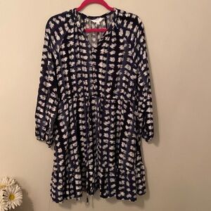 Time and Tru Navy & White Pattern Longsleeve V-Neck Dress + Waist Tie [Size: L]